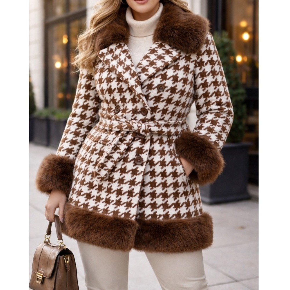 Coalition LA Double-breasted Houndstooth removable Fur Trim Coat Womens‎ L
